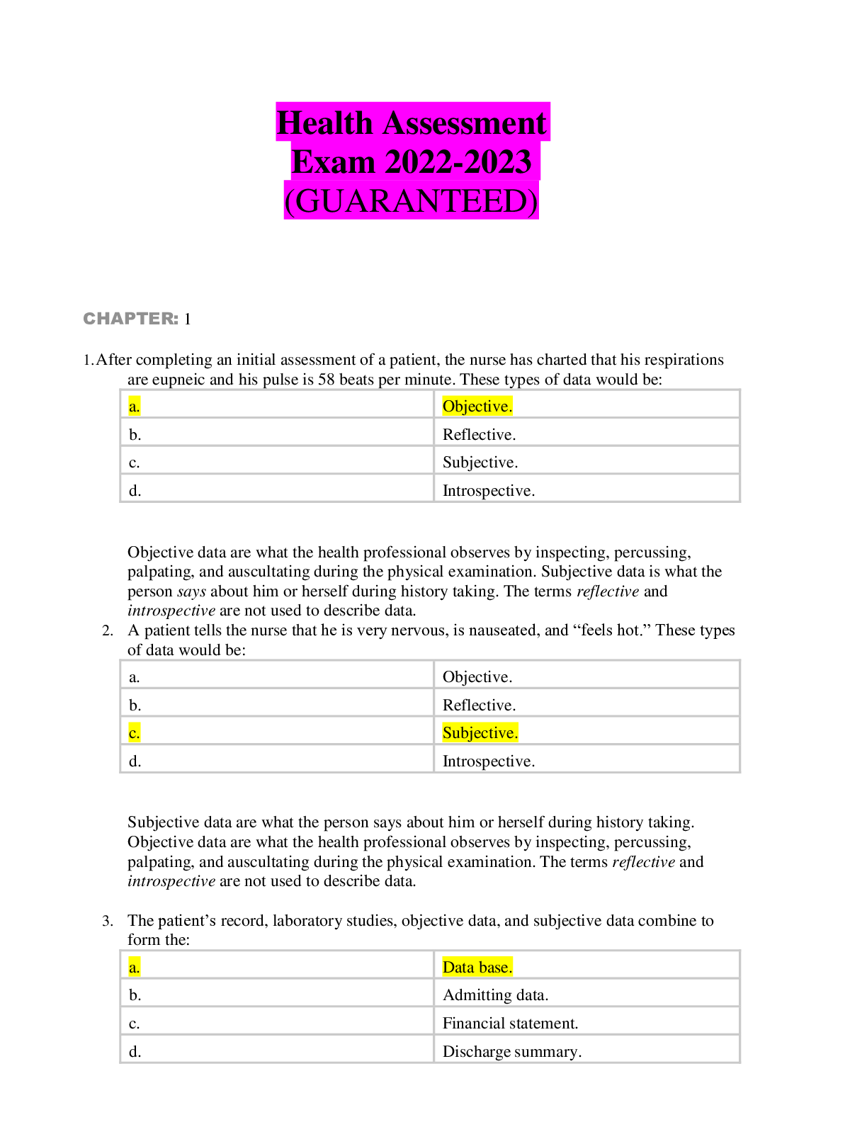 Preview image for Health Assessment Exam 2022-2023  (GUARANTEED)